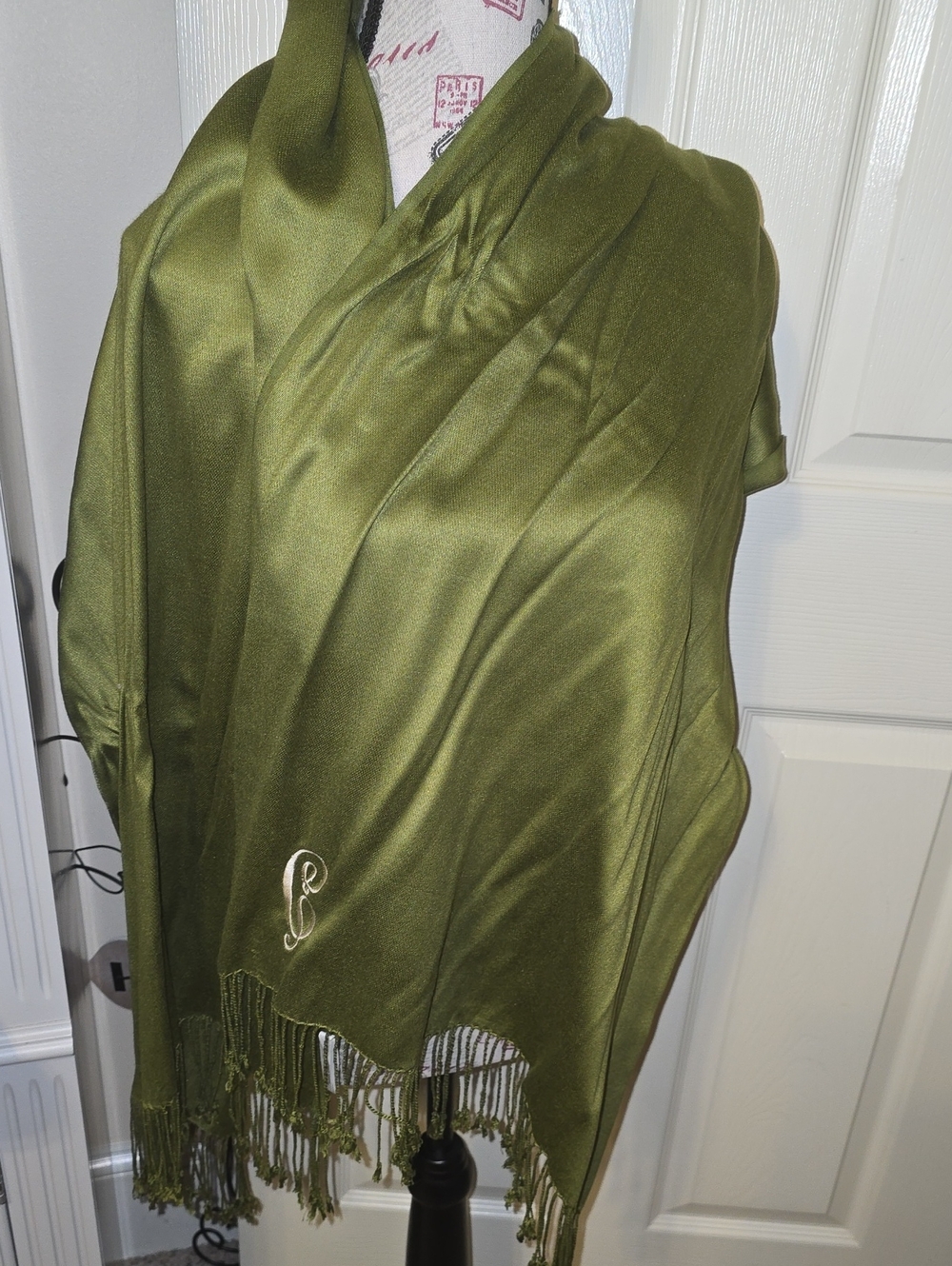 Olive Green Fringe Pashmina Wrap with Embroidered Monogram